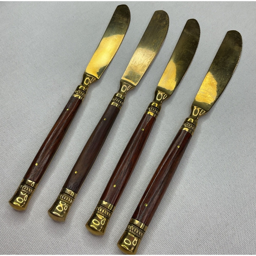 Pottery Barn Rosewood Knives Golden Bronze Flatware Dinner Cutlery Set of 4 Pcs